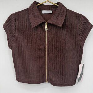 LovePoem Espresso Brown Zip-Front Collared Textured Top Size M NWT
